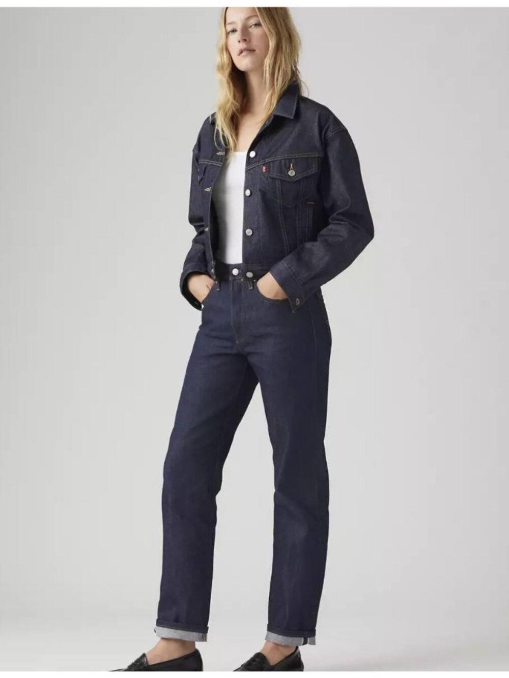 New Levi's Premium 28x30 501 Original Selvedge Women's Jeans Line Up Dark Wash